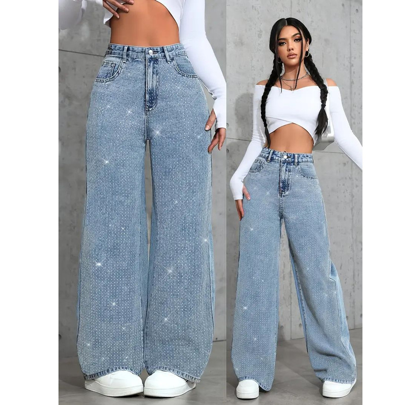 Women's Jeans, Straight-Leg Jeans with Beaded Embellishments, Washed Denim, Stretch Denim with Beaded Decoration Women's Jeans, Straight-Leg Jeans with Beaded Embellishments, Washed Denim, Stretch Denim with Beaded Decoration