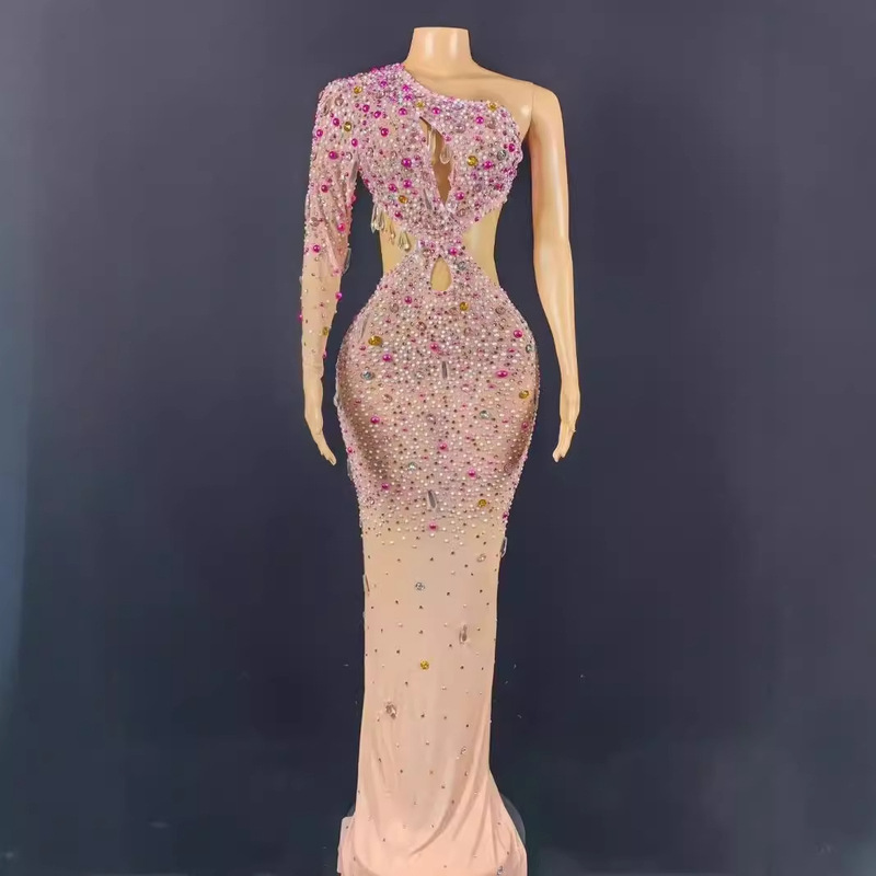 New European and American Mesh Shining Hot Drilling Hollow Tight Sexy One-Sleeve Long Dress Evening Dress Stage Performance Dress