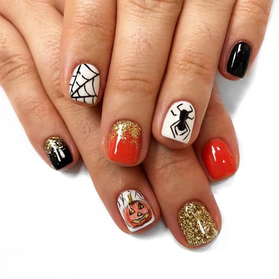 Halloween False Nails Glittering Spider Web Square Press Ons_voghion.com