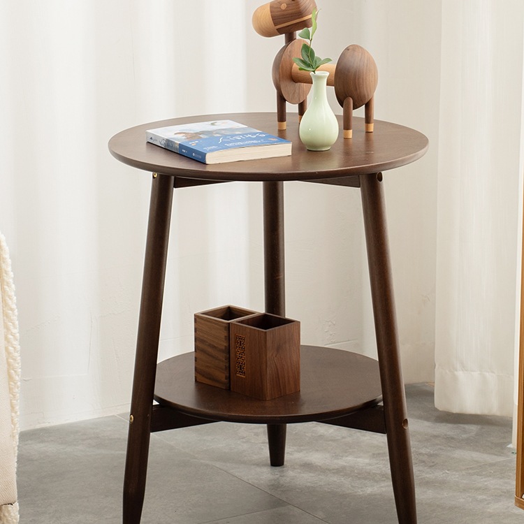 All Solid Wood Small Round Table Nordic Double-Layer Sofa Side Table Coffee Table Balcony Leisure Small Table Bedside Table Living Room Tea H^