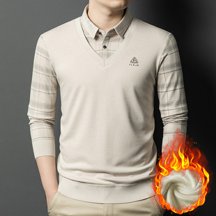 Autumn 2024 New fleece-lined Men's Long-sleeved T-shirt Fake Two-piece Business Chinese Style Middle-aged Men's Top