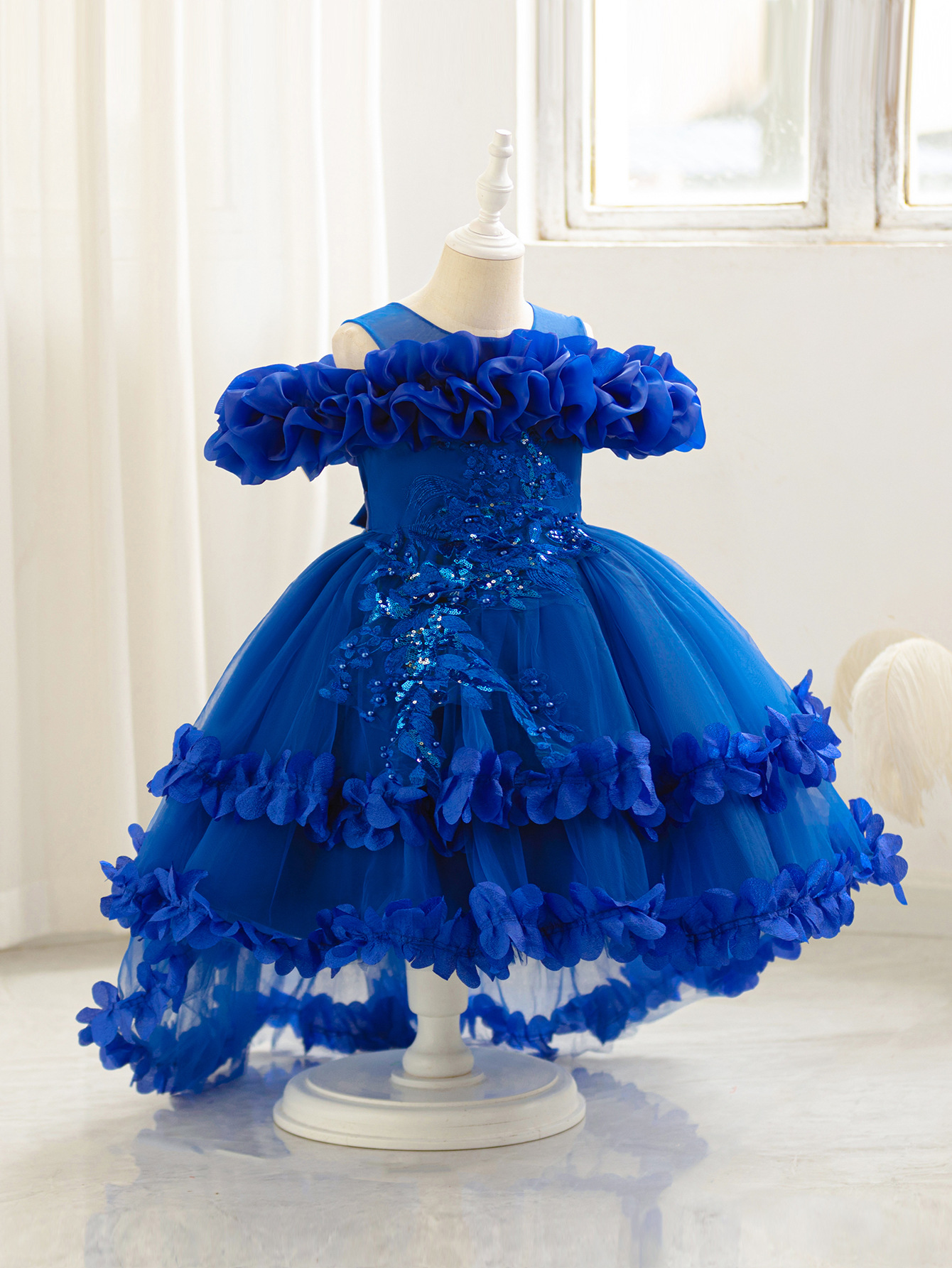 Children's skirt, evening dress, solid color three dimensional small princess costume, open shoulders, special occasion clothing 4