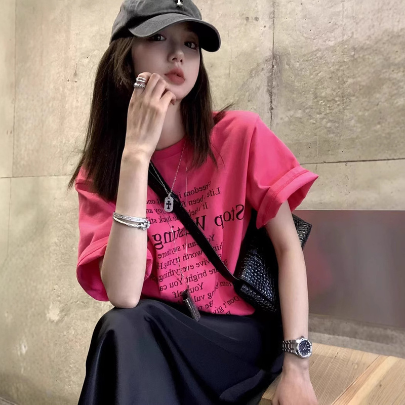 Summer New Short-Sleeved T-Shirt for Women, Pure Cotton, Loose Korean Style Ins Women's Versatile Cartoon Print Inner Half-Sleeved Top