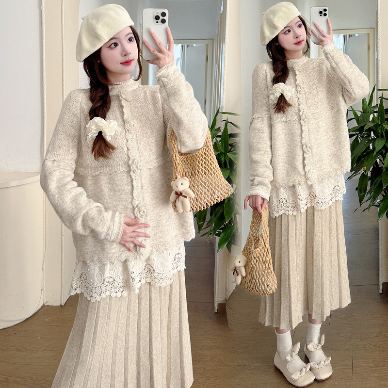 実写スポット妊婦セーター立体花のユニークな長袖レースのボトムシャツは妊婦の半身のスカートを調節できます。