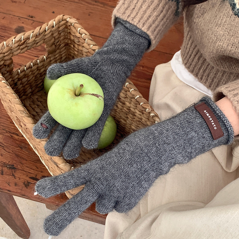 Herbstliche, weiche, einfarbige Spitzenwolle für Damen, warme, gestrickte Fünf-Finger-Handschuhe mit Touchscreen-Funktion für den Winter._voghion.com
