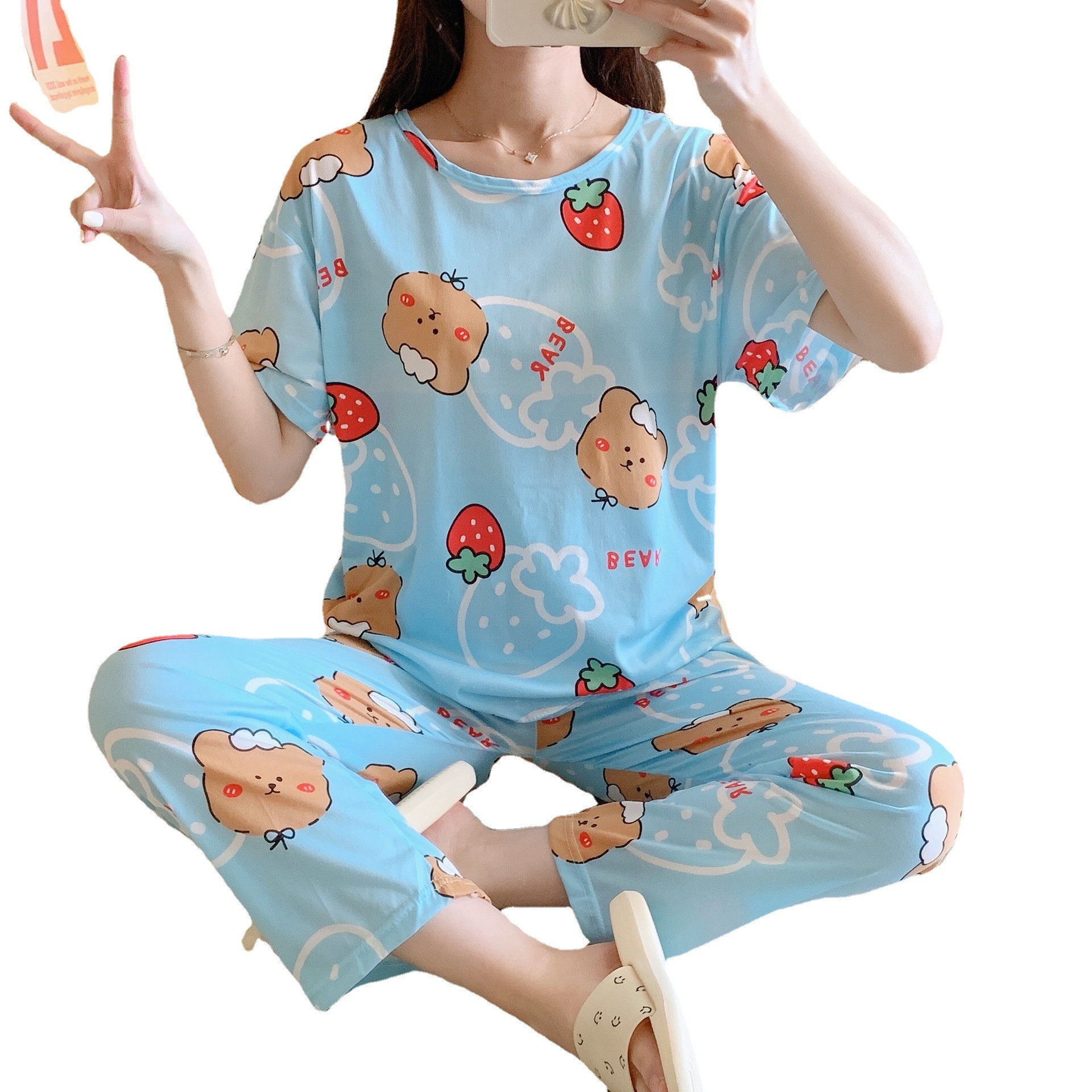 Pantalones de verano de manga corta pijamas de verano de las mujeres de estilo coreano de dibujos animados lindo de las mujeres prendas de vestir exteriores