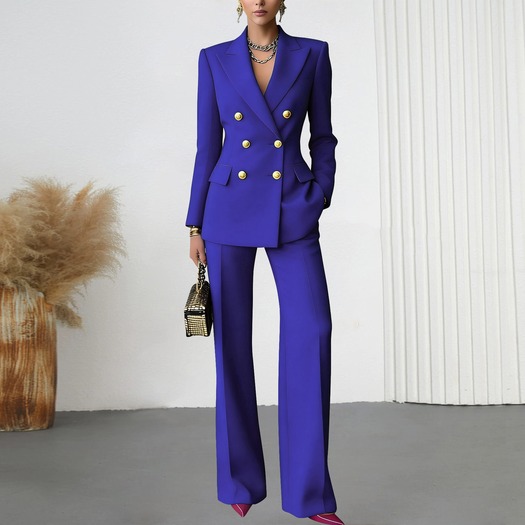 Women's Solid Color Button Suit Trousers Set With Lapel Professional_ecoleips.com