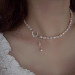 Fairy Retro Light Luxury Niche Sea Water Shell Moon Natural Freshwater Pearl Necklace Clavicle Chain s925 Silver Gift