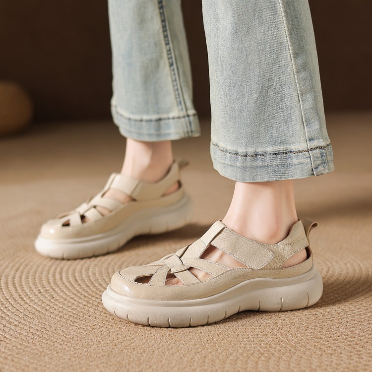 Sandal nữ đế dày da cừu phối quai ngang phong cách học đường — màu đen, màu trắng ngà chi tiết 67