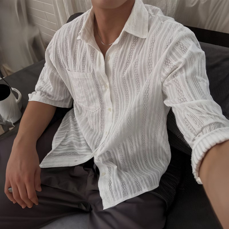 Japanese Retro Hollow Mesh Short-Sleeved Shirt for Men, Summer Lightweight Cardigan Shirt, High-End Casual Jacket