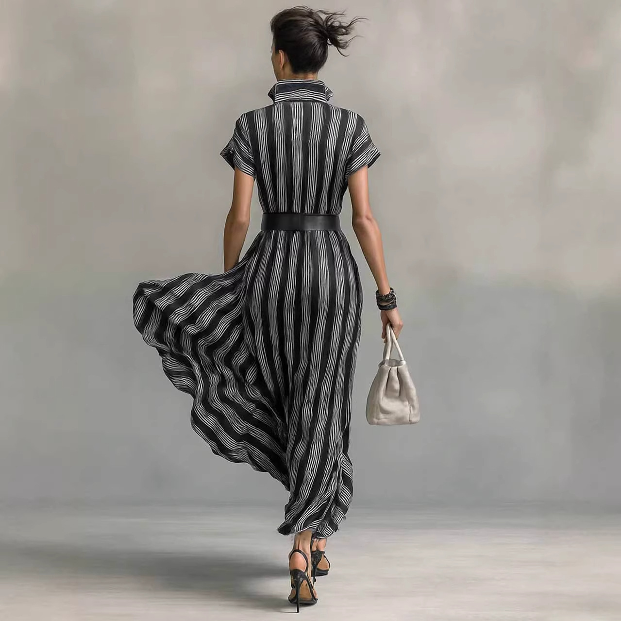 2026 European And American Cross-border Independent Site Elegant Short-sleeved Collar Striped Shirt Dress_ecoleips.com
