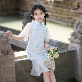 新款轻薄夏装童装女童2024春夏季新款儿童修身旗袍裙公主鱼尾裙