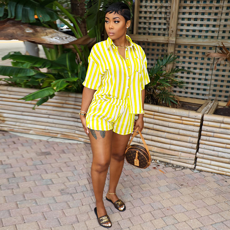 JH5963 European And American Women's Independent Station Summer Fashion Striped Print Loose Shirt Two-Piece Set_ecoleips.com