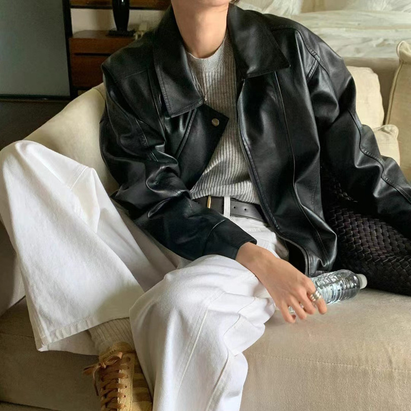 东大门秋冬装法式帅气做旧翻领拉链宽松百搭BF风机车服PU皮衣外套|undefined