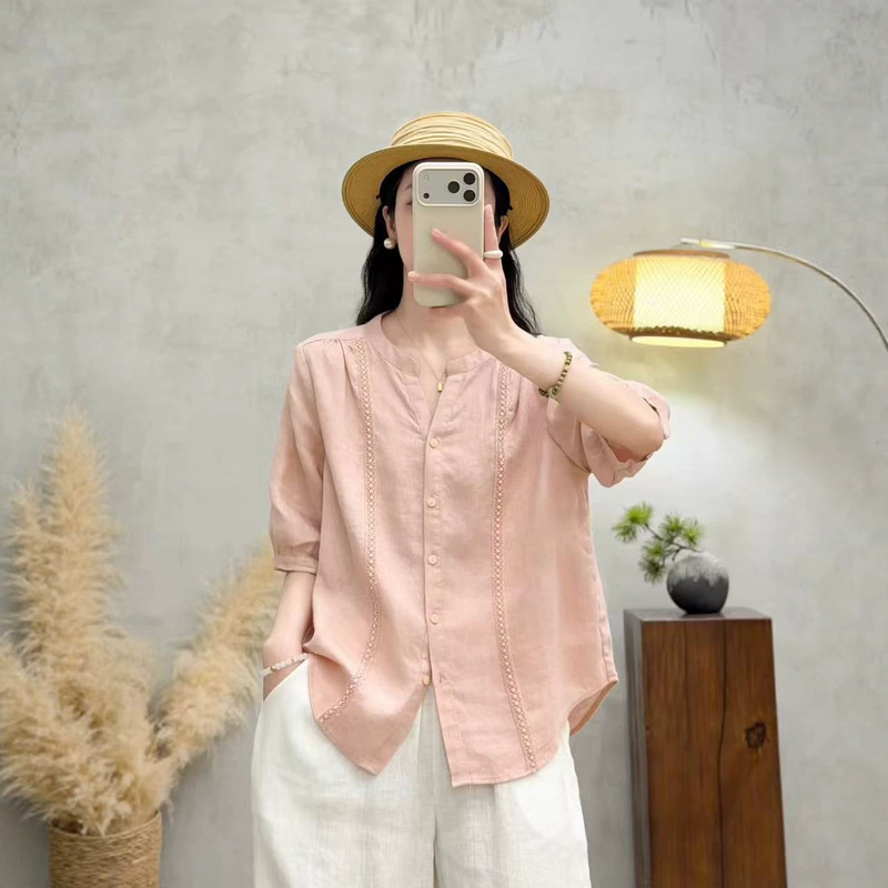26 Summer Style Short-Sleeved Shirt for Women, Pure Linen V-Neck Lace Collar Blouse, Loose Casual Lazy Style Top with Five-Quarter Sleeves