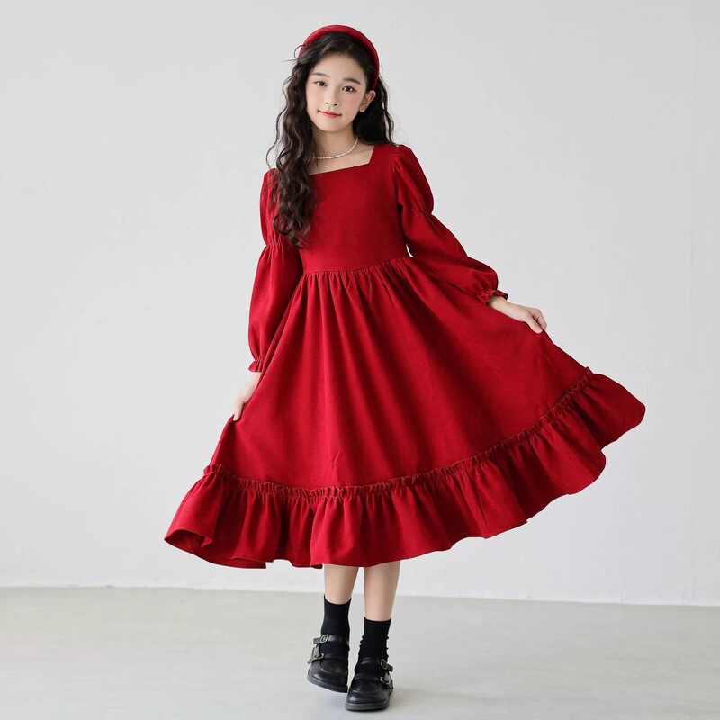 Girls' Long-sleeved dress Autumn Spring and Autumn New Children's Princess Dress Girls' Square Collar Red Western Style Skirt