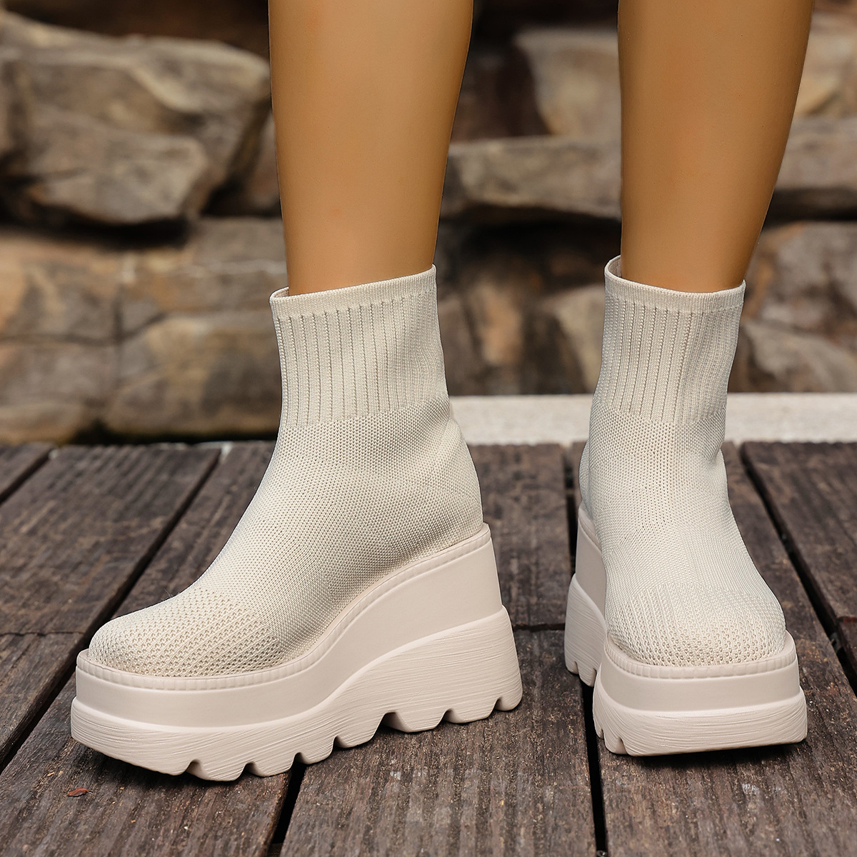 Botines de cuña estilizadores para mujer, tallas grandes, suela gruesa, plataforma, sin cordones, estilo vaquero, con calcetín Flyknit._voghion.com