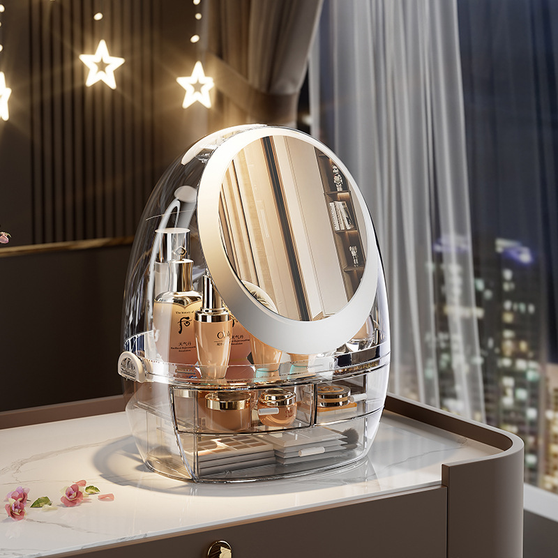 Caja organizadora de cosméticos transparente - Con luz, diseño de cajón antipolvo,神器 para dormitorio y escritorio, nuevo modelo