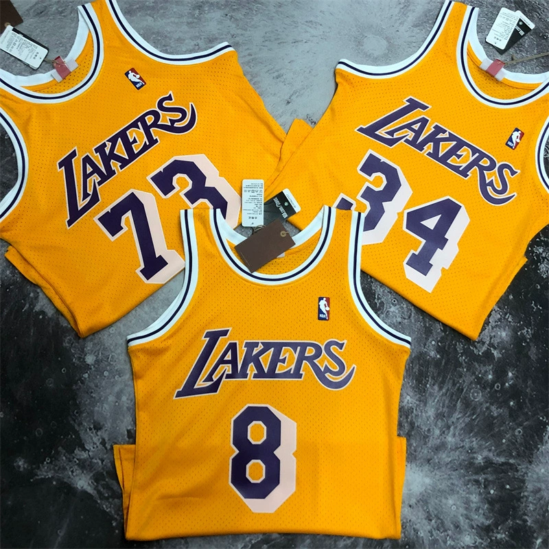 MN горячая прессованная ретро футболка SW Lakers сезон 97 круглый вырез жёлтая №8 Кобе №34 Oni джерси