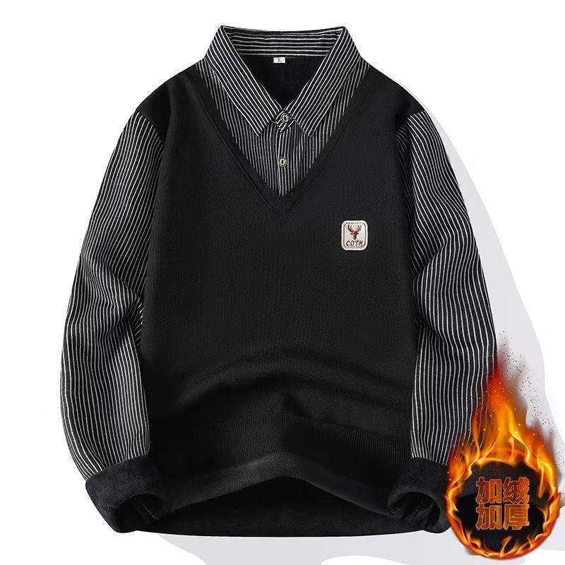 Scissors Stone Collar Sweater Men's Autumn and Winter Knitted Casual Fleece-lined Thick Long-sleeved Warm Base Layer Top