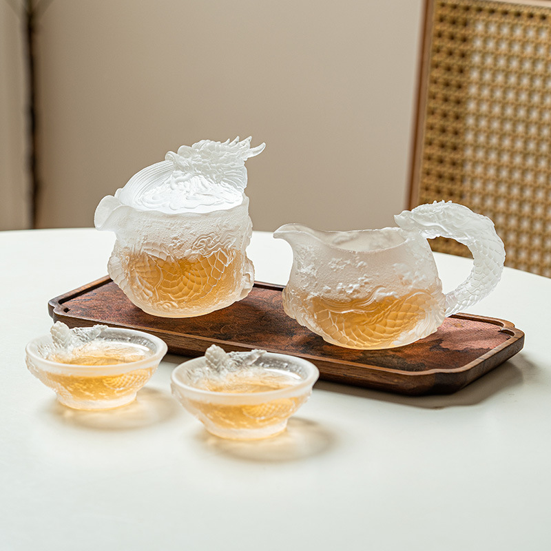 工厂浮雕龙纹一壶两杯高端古法琉璃茶杯茶壶泡茶功夫茶具品茗杯