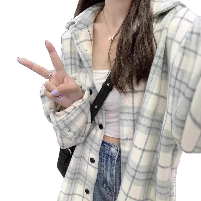 厚款毛尼料蓝格子衬衫女装2025秋季新款港风元气时尚长袖上衣外套|undefined
