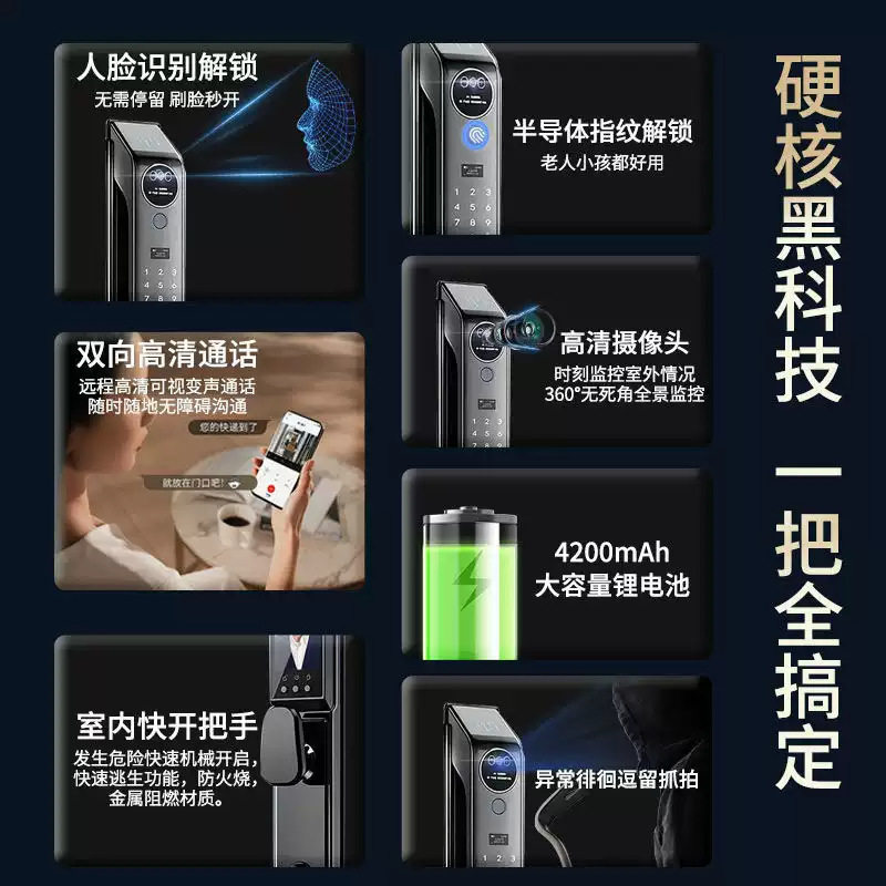 Reconocimiento facial 3D en tiempo real intercom monitoreo de huellas dactilares cerradura puerta antirrobo doméstica cerradura de contraseña cerradura de puerta inteligente visual ojo de gato