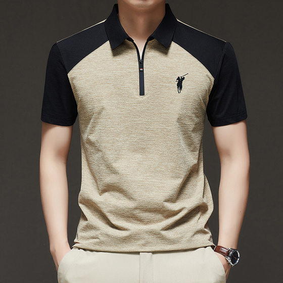 Summer Ice Silk New Style Polo Shirt Short-sleeved Men's T-shirt Half Zipper Lap Sports Casual Trendy High-end T-shirt for Men
