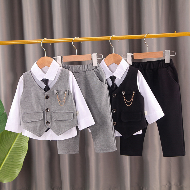 Baby Autumn Suit 2025 New Children's Korean Style Boys Autumn Boys Suit Three-Piece Suit Chain Vest