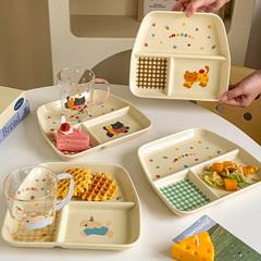 サービングプレート、かわいい3分割プレート、セラミック家庭用一人用食器プレート、分割プレート、大人用脂肪減少朝食プレート