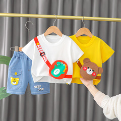 小巴戎童裝 2022夏季新品韓版卡通掛包圓領T恤軟牛仔短褲兩件套潮