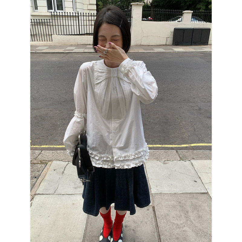 Mona Zhang Qixian Bowknot Shirt/French-Style Girly Three-Dimensional Pleated Lace Lantern Sleeve Doll Collar Jacket Mona Zhang Qixian Bowknot Shirt/French-Style Girly Three-Dimensional Pleated Lace Lantern Sleeve Doll Collar Jacket