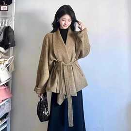 原版质量新款韩版中长款小个子羊毛大衣女浴袍款系带收腰毛呢外套