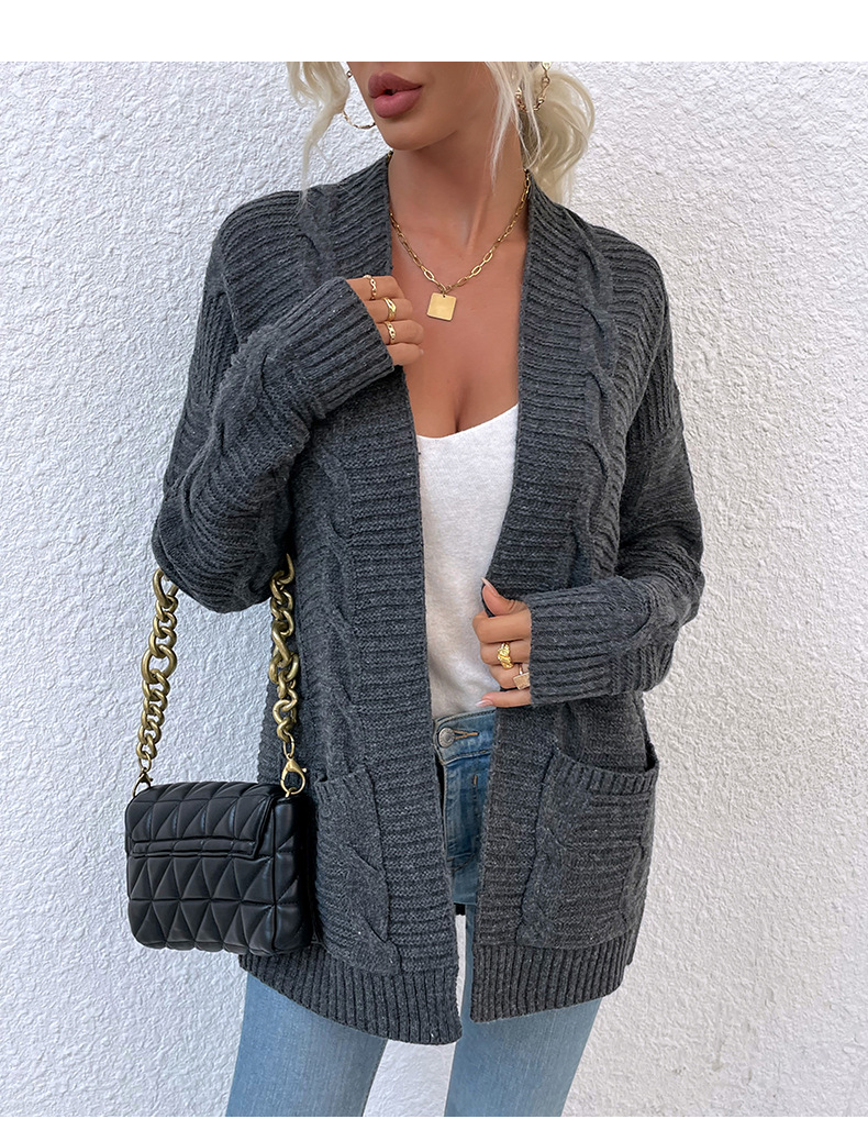 Sweater Women 2021 Autumn and Winter New  Twist Mid-Length Pocket Knitted Cardigan Coat in Cardigans