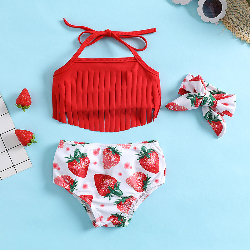 Strawberry Print Girl Baby Girl Red Tassel Sling 3-piece Set Split Swimsuit Hot Spring Beach Swimsuit