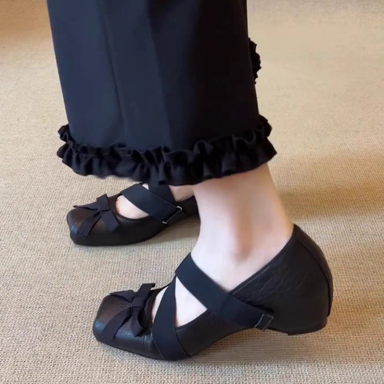 羊皮版~法式复古方头芭蕾舞单鞋女2025新款真皮交叉带粗跟玛丽珍|undefined