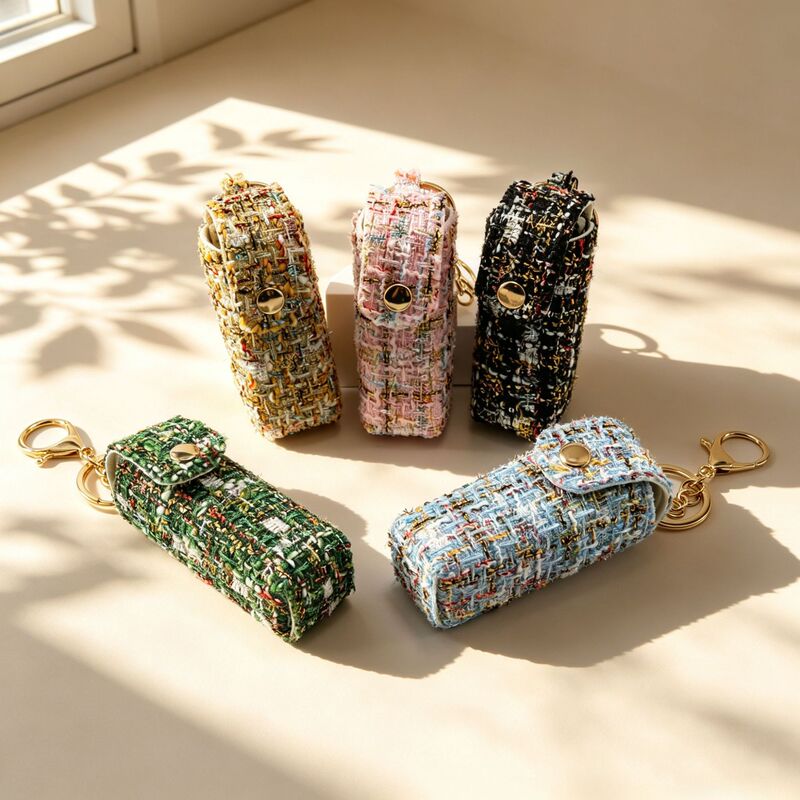 Tweed Chanel-style lipstick storage bag, vintage light luxury keychain pendant, leather patchwork bag accessory, cross-border