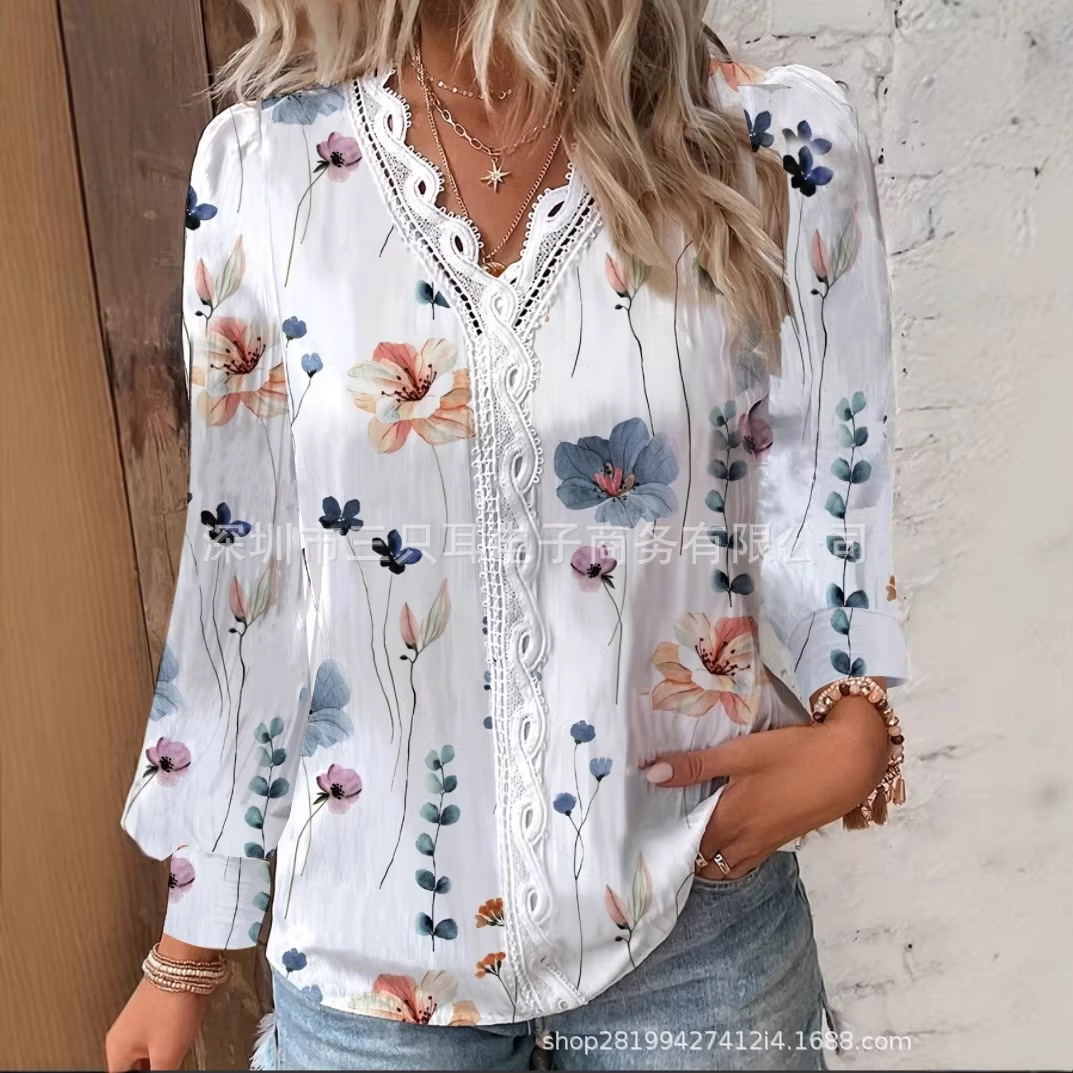 Camisa de Manga Larga con Encaje para Mujer de Poliéster Cuello en V para Otoño image 3