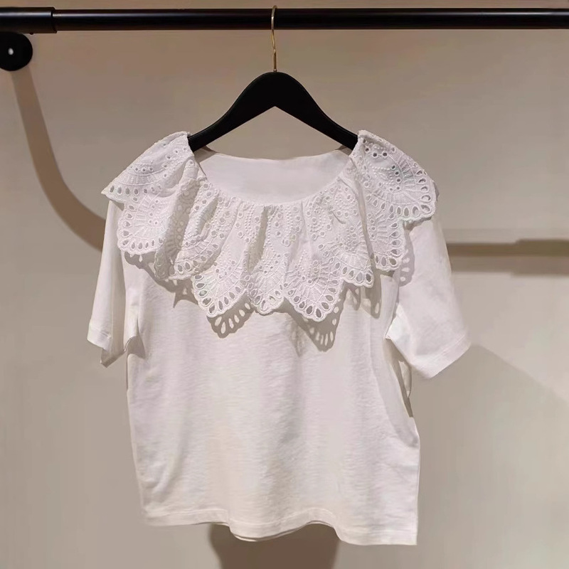 French single CP spring and summer new girl sweet style embroidered lace collar simple cotton short sleeve T-shirt female 50012