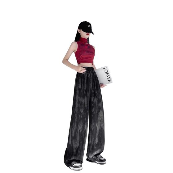 Ice Silk Tie-Dye Wide-Leg Pants Women's Summer Thin High-Waist All-Match Dagging Loose Satin Sports Casual Straight Pants