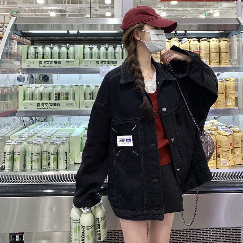 实拍学院风黑色牛仔外套女2025春秋新款chic韩版宽松机车夹克上衣|undefined