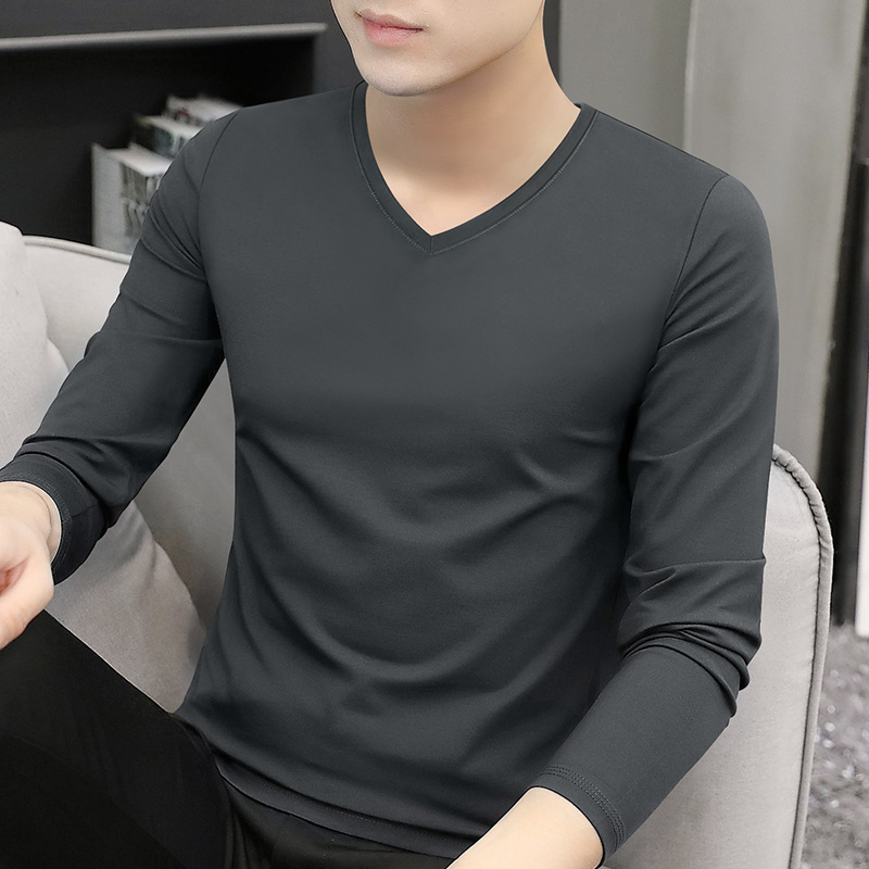 Silk Modal Long-Sleeve T-Shirt for Men, V-Neck, Autumn and Winter Thermal Base Layer, Fleece-Lined and Thickened for Warmth Silk Modal Long-Sleeve T-Shirt for Men, V-Neck, Autumn and Winter Thermal Base Layer, Fleece-Lined and Thickened for Warmth