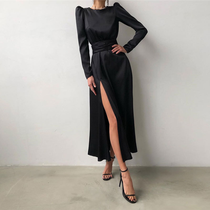 Comercio exterior europeo y americano Amazon AliExpress deseo Mujeres Nuevo satén manga larga vestido negro cuello redondo vestido de noche image 1