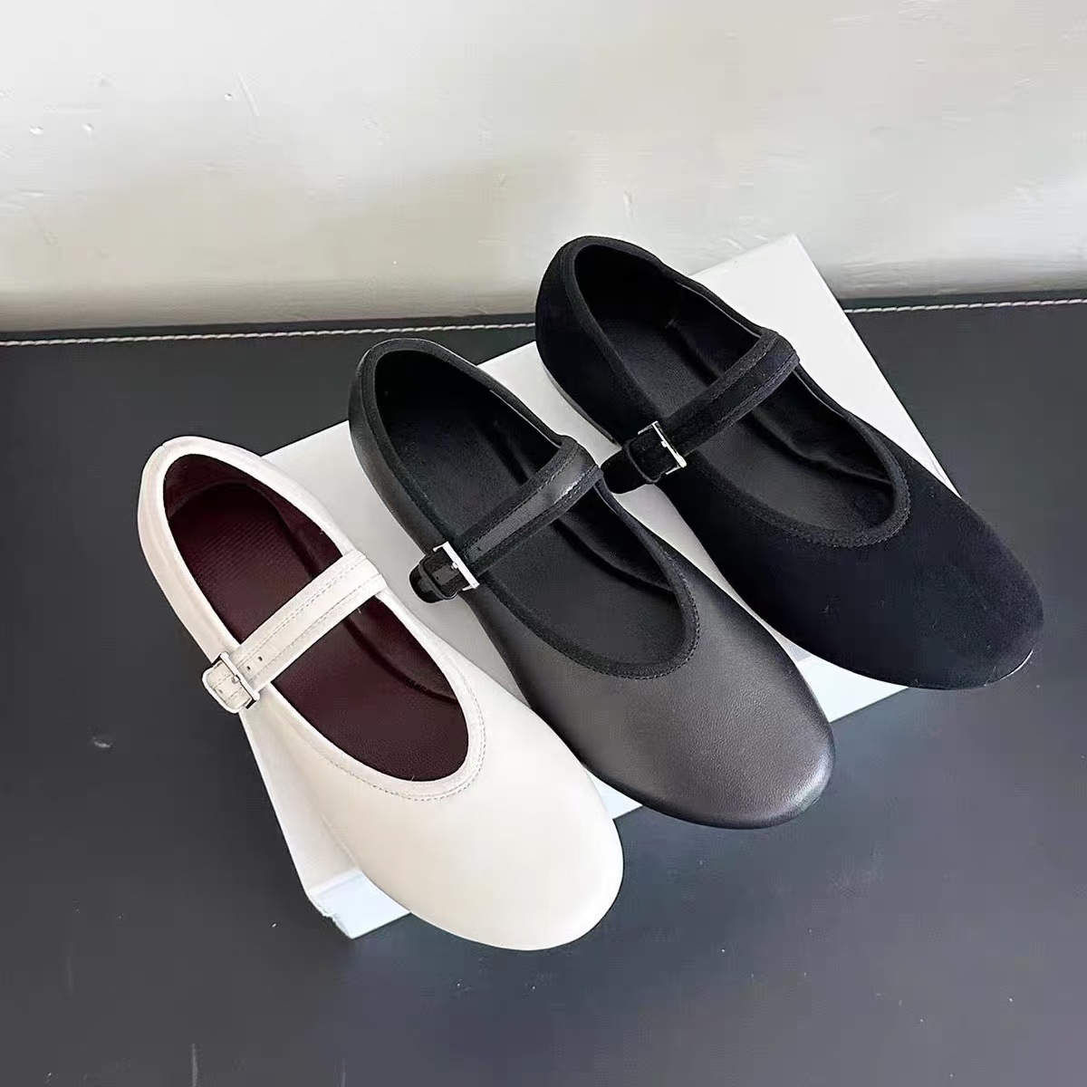 Sheepskin version ~ row wind round head leather retro single shoes women's summer one word with Mary Jane shoes ballet flat shoes