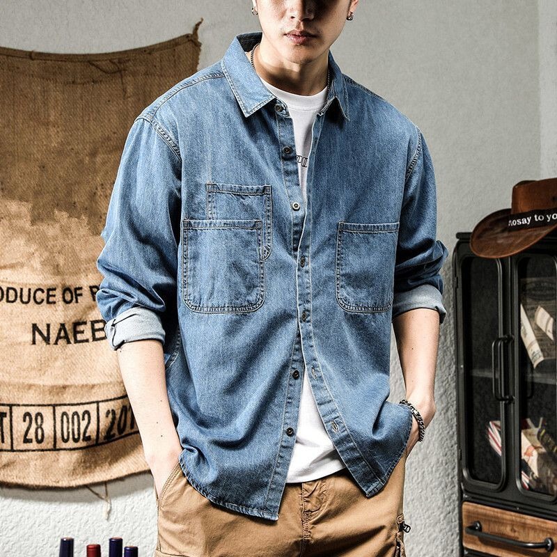 Spring and Autumn Washed Denim Shirt Men's American Retro Casual Korean Style Workwear Loose Handsome Versatile Shirt Spring and Autumn Washed Denim Shirt Men's American Retro Casual Korean Style Workwear Loose Handsome Versatile Shirt