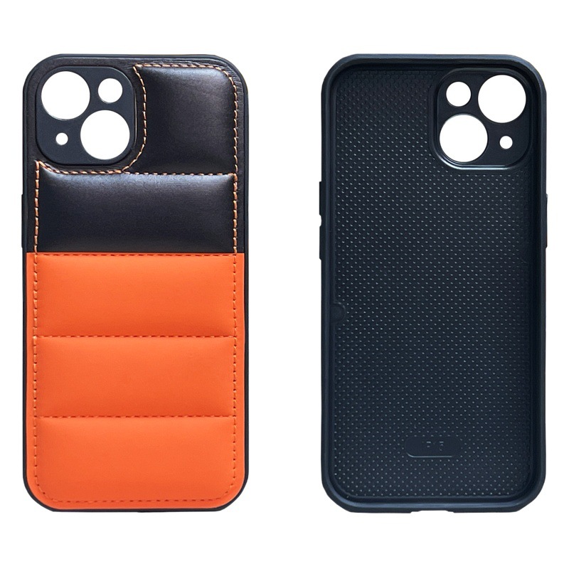 Funda para teléfono móvil estilo chaqueta acolchada con bloques de color, lista para usar, adecuada para la serie iPhone 16 Pro Max.
