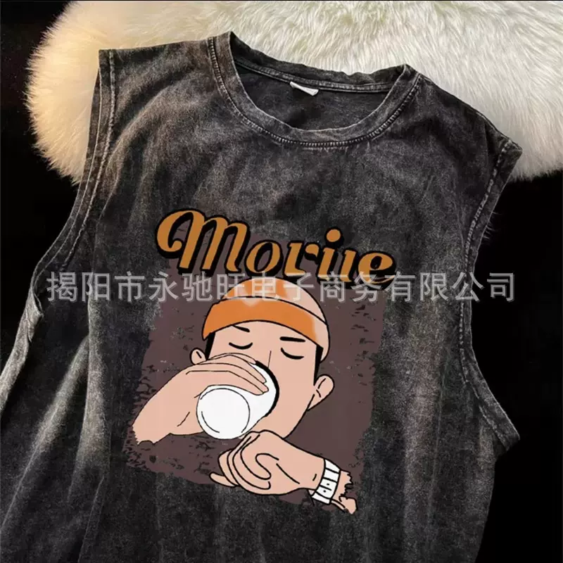 无袖t恤潮水洗背心棉做旧男夏季ins潮牌外穿坎肩流运动汗衫上衣