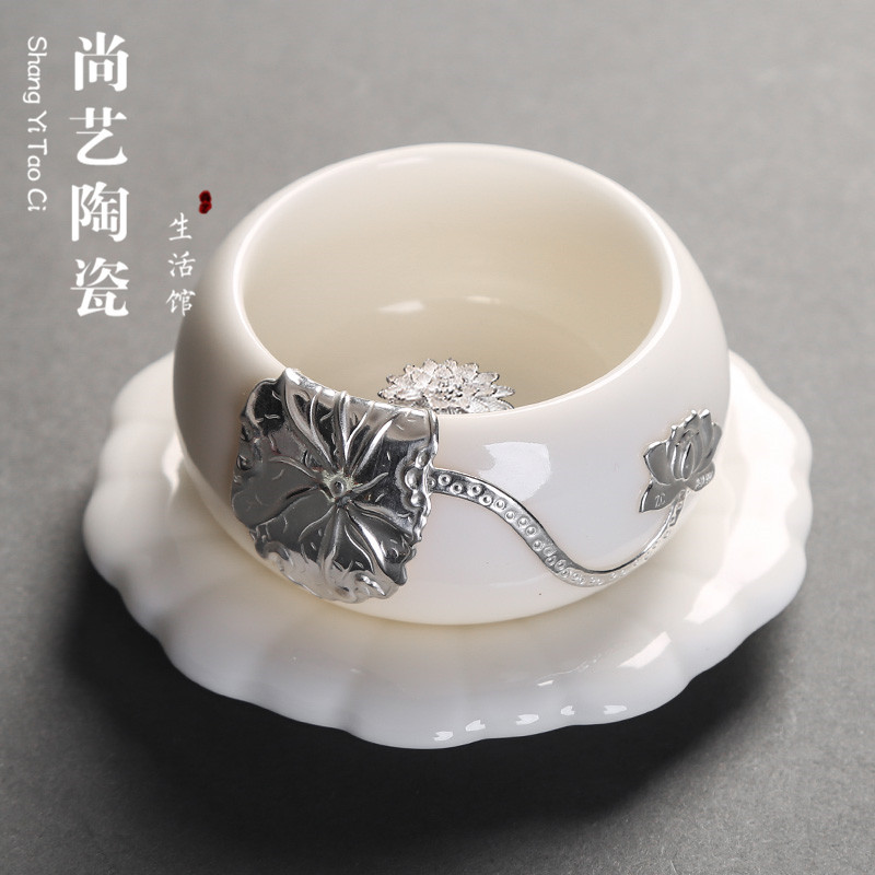 白瓷镶银陶瓷茶杯德化玉白瓷银鱼杯品茗杯主人杯单杯功夫茶具茶盏