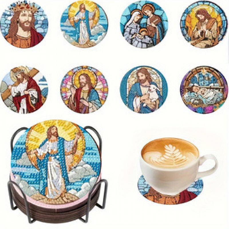 Ventas transfronterizas calientes de 8 piezas de conjunto de cojín de taza de arte de diamante, con soporte, pequeño conjunto de pintura de diamante, adecuado para adultos