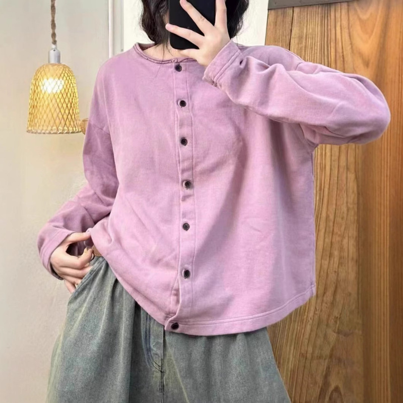 Loop Cotton Buckle Sweater Women's Round Neck Cardigan 2025 Spring New Loose All-match Casual Fashion Candy Color Top